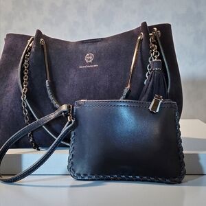SALE!! Beautiful Luxe Blue Suede Satchel and Wristlet by House of Harlow 1960